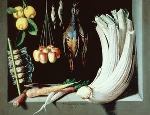 Ainda vida com pássaros mortos, frutas e legumes, 1602